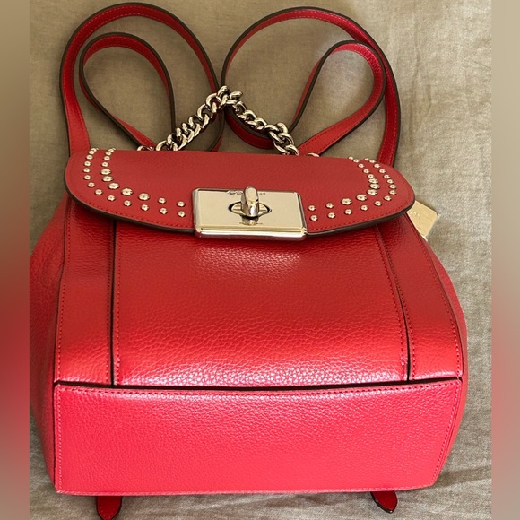 COACH Cassidy Pebble Leather Border Rivets Backpack/Top Handle inBright Cardinal - Picture 7 of 14